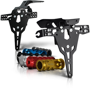 Black motorcycle parts and colored footrests in blue, red, silver and gold on a white background.